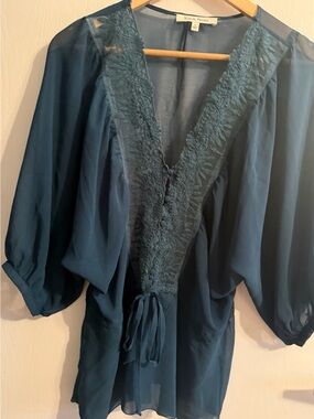 Black Rainn Deep Teal Lace-Trim V-Neck Blouse